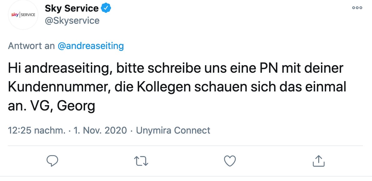 andreaseiting's tweet photo. Erst wird man von @Skyservice aufgefordert, dass man Ihnen eine PN schicken soll, dann wird auf die PN nicht geantwortet. Seit über 24 h keine Antwort, nicht mal ein "Wir kümmern uns um Ihr anliegen"! Ist das normal bei @SkyDeutschland ? https://t.co/uR7sAYcSOM