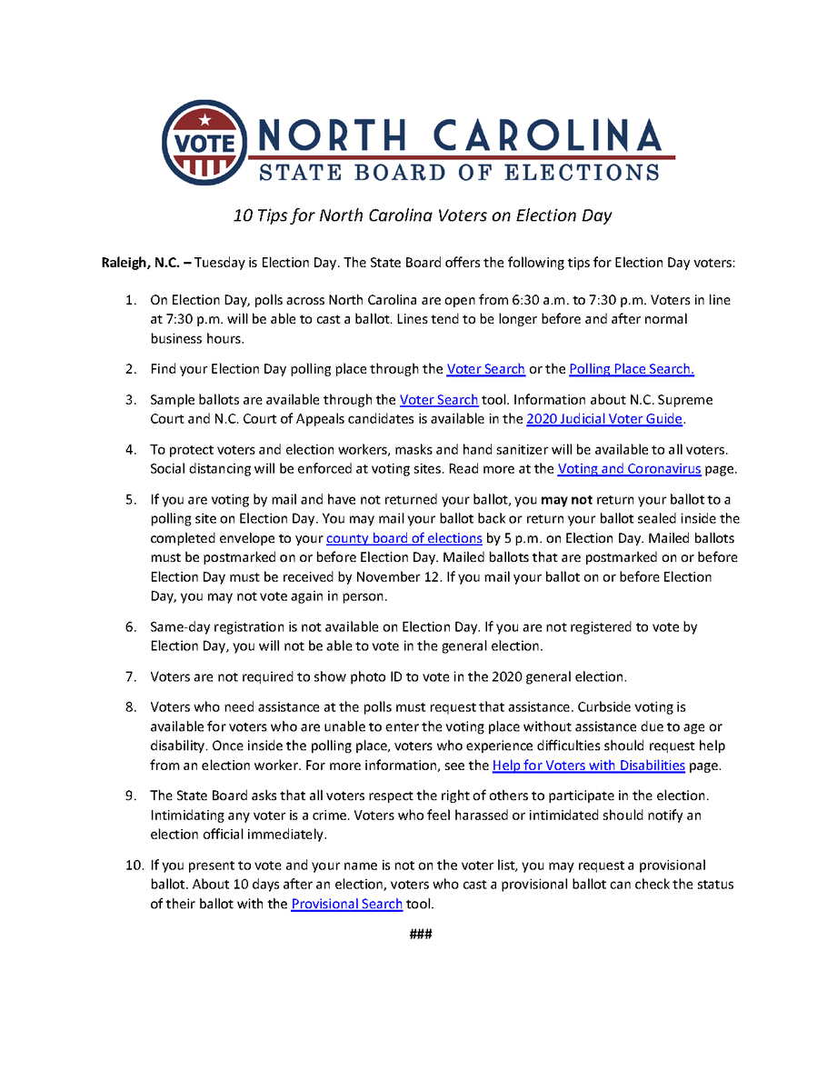 NCSBE's tweet photo. RELEASE: 10 Tips for North Carolina Voters on Election Day

Read online: https://t.co/PEKRK1pNHT

#ncpol #YourVoteCountsNC https://t.co/Ppg8cmNums