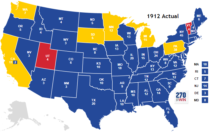 This trend continues well into the 20th Century, except for situations like 1912 when the GOP vote is split by Teddy Roosevelt running as a Progressive. This election is notable as the only election between the 1854 and 1964 when Maine votes for the Democratic candidate.