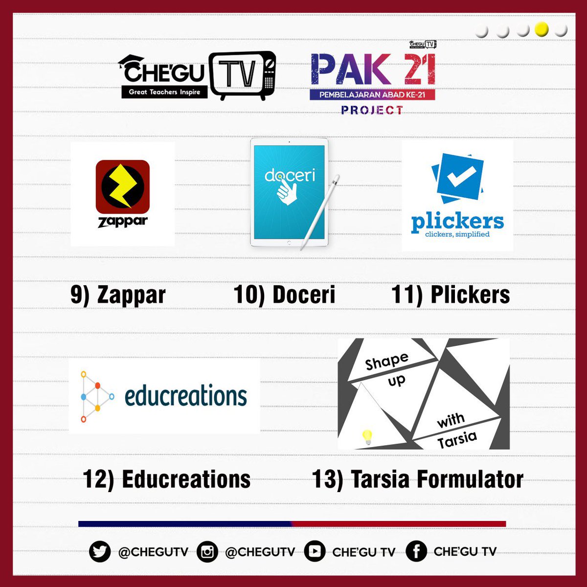 CheguTV's tweet photo. [CHE'GU TV: PAK 21 PROJECT]

⏰ Every Monday (9 PM): Activities under PAK21
💡 TODAY'S TITLE: Suggested Applications and Websites for Teachers

[GREAT TEACHERS INSPIRE] 🔥🔥

*Do you have any other suggestions? Don’t forget to reply this tweet 😎

#CGTV
#Batch02
#KoedIIUM
#PAK21 https://t.co/rG3MzGAY4a