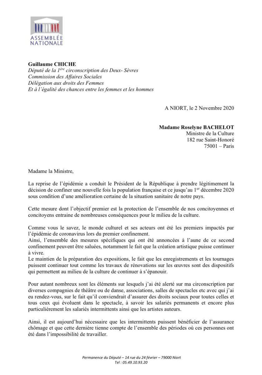 GuillaumeChiche's tweet photo. Le monde de la #culture et les intermittents du spectacle sont en proie à de graves difficultés. Vecteurs de lien social, ils sont essentiels sur nos territoires. Mon courrier à @R_Bachelot pour continuer à faire vivre la culture et protéger les #artistes &amp; les #intermittents ⤵️ https://t.co/bL2JwICDxs