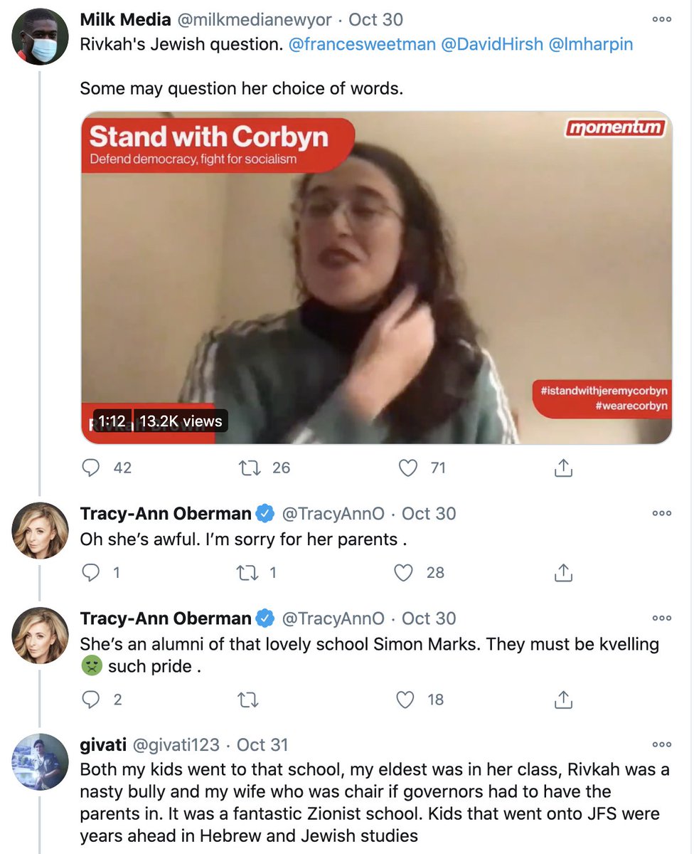 rivkahbrown's tweet image. If you want a sense of the gut-churning wretchedness of being a Jewish leftist with a platform: here is a man who used to babysit me egging on Tracy-Ann Oberman, a woman I had to block because she kept @ ing my mum.