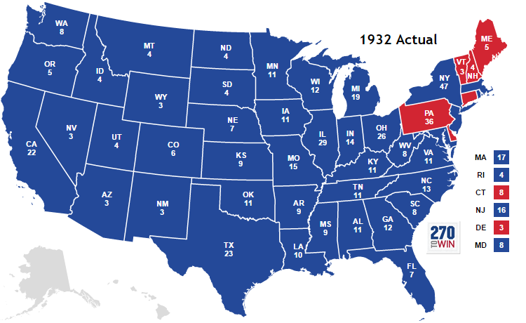 The Civil War Etch-a-Sketch survives the First World War, but is severely shaken by the Great Depression. This is when the Republicans lose their grip on the Union states, and FDR's New Deal coalition sees Democratic wins across the country. Note Maine and Vermont remain red.