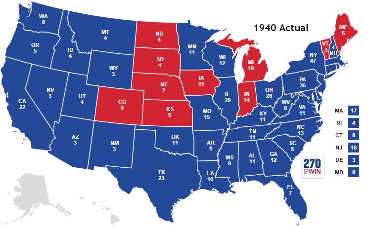 The Civil War Etch-a-Sketch survives the First World War, but is severely shaken by the Great Depression. This is when the Republicans lose their grip on the Union states, and FDR's New Deal coalition sees Democratic wins across the country. Note Maine and Vermont remain red.
