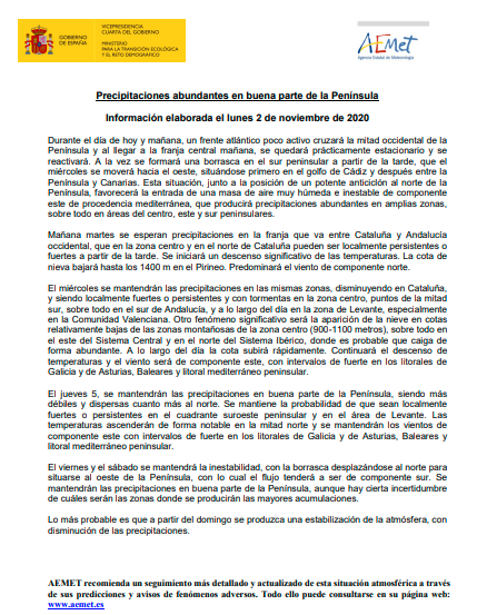 AEMET_Esp's tweet photo. .⚠️NOTA INFORMATIVA 02-11-2020🌧️
Precipitaciones abundantes en buena parte de la Península,sobre todo en áreas del centro, este y sur peninsulares
Más información en:👇
https://t.co/QPiilDHxnv https://t.co/d1Y2zsc6lk