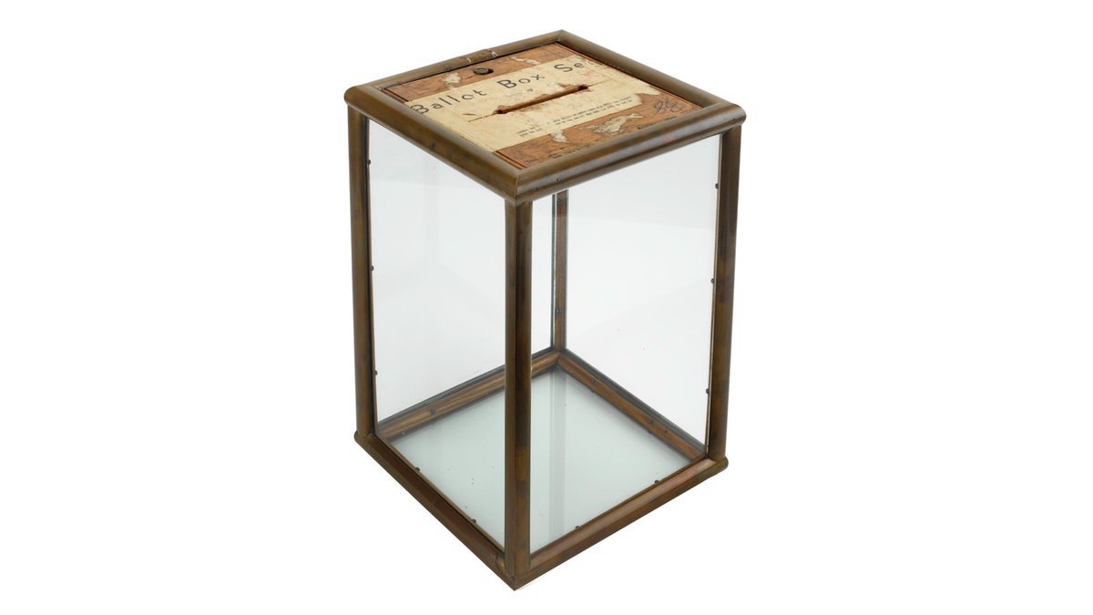 Ballot boxes are such simple objects and yet they can tell us a lot about our democracy. This one from around 1890 is in our  @amhistorymuseum's collection. In the late 1800s, glass ballot boxes became symbols of transparency and democratic self-government.  #VoteHistory