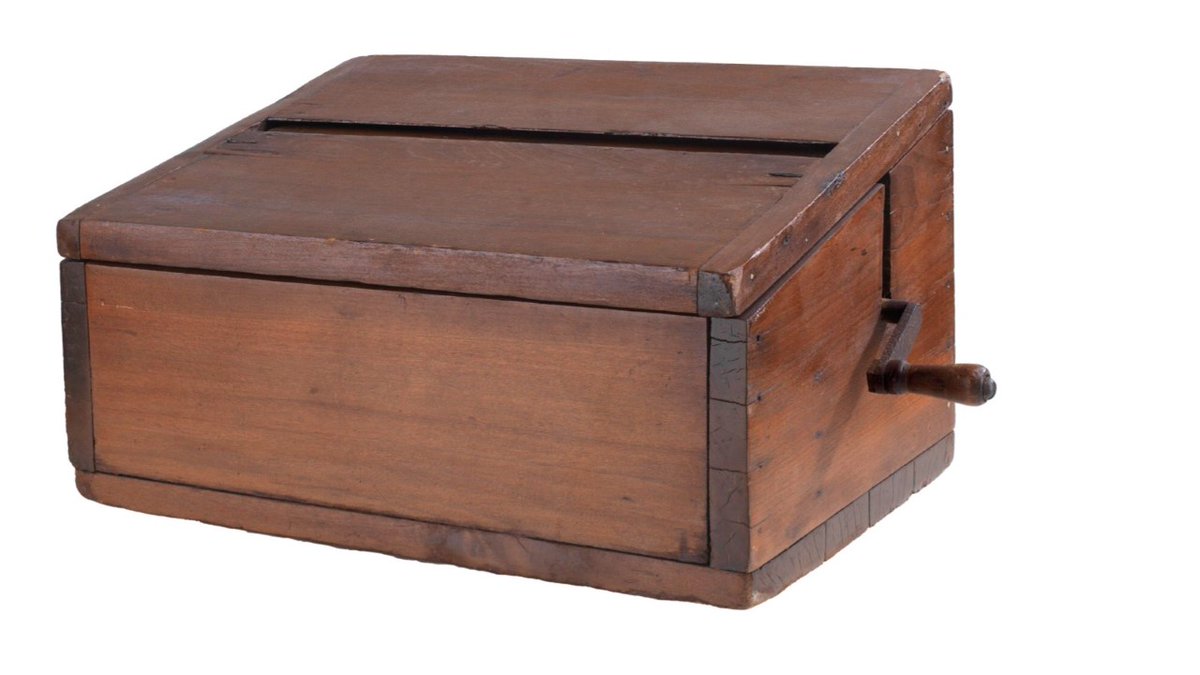 This one included a roller to ensure that ballots could not be seen or tampered with once they were rolled into the box. The late 19th century ballot box was probably used in New England.  #VoteHistory