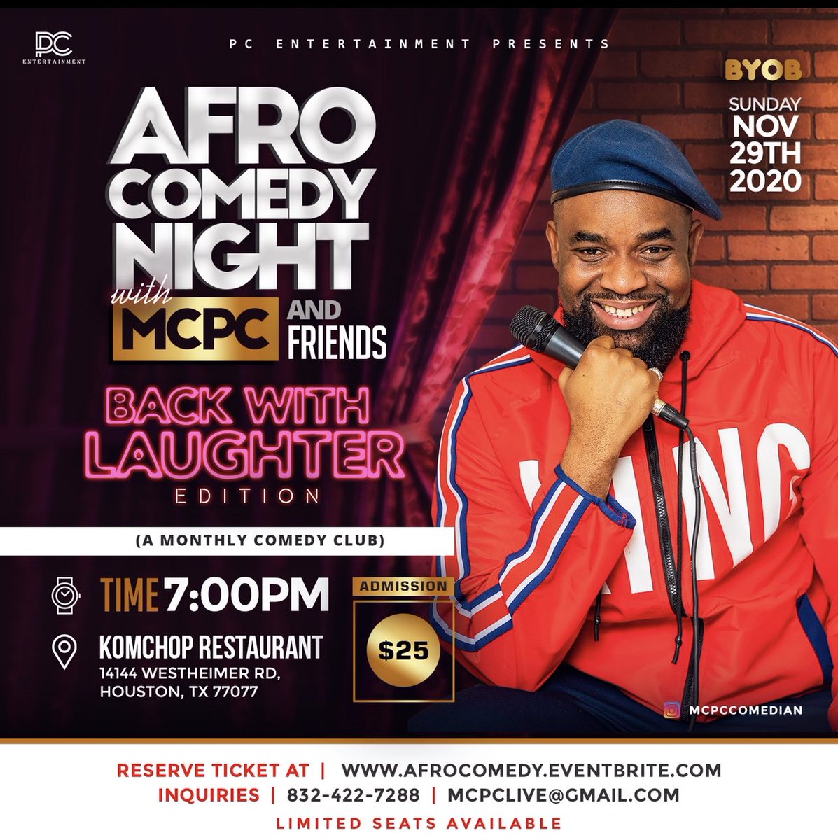 comedianmcpc's tweet image. Limited tickets are now selling fast at afrocomedy.Eventbrite.com. DM me for table reservations. Link on my bio. Link on my bio. 
#backwithlaughter #afrocomedynight 
#laughsafely #comedyclub