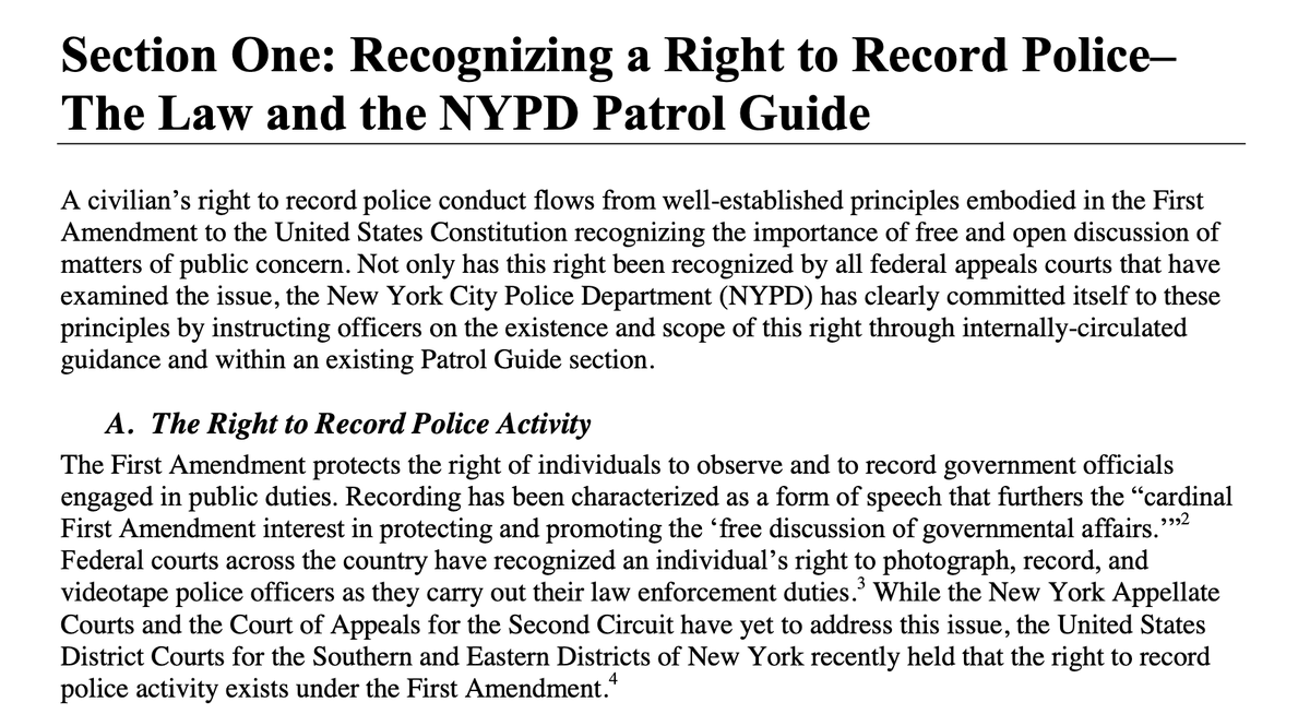 Here is a 2017  @CCRB_NYC report on NYPD interference with civilian recording of police, which discusses the CCRB's interpretation of the First Amendment and NYPD Patrol Guide standards applicable to the right to record police activity: https://www1.nyc.gov/assets/ccrb/downloads/pdf/20172806_report_recordinginterference.pdf