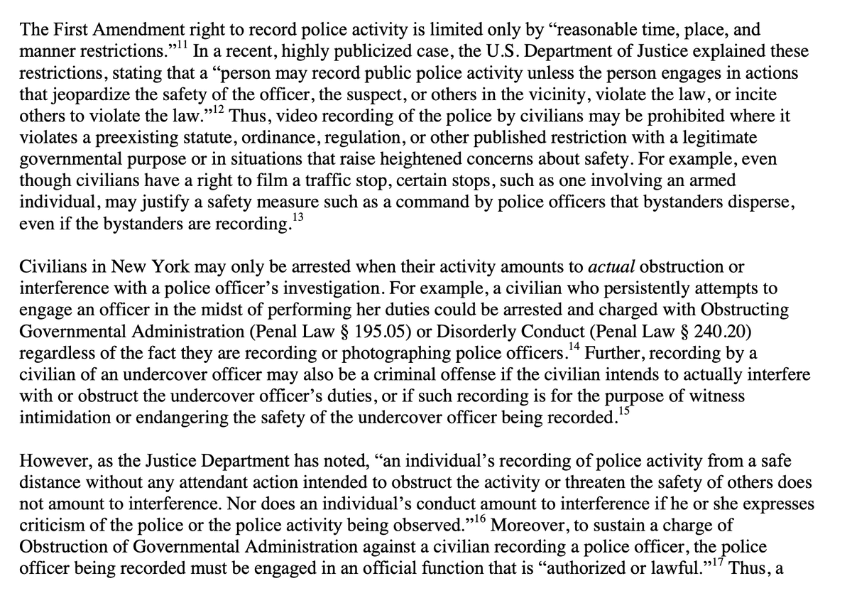 Here is a 2017  @CCRB_NYC report on NYPD interference with civilian recording of police, which discusses the CCRB's interpretation of the First Amendment and NYPD Patrol Guide standards applicable to the right to record police activity: https://www1.nyc.gov/assets/ccrb/downloads/pdf/20172806_report_recordinginterference.pdf
