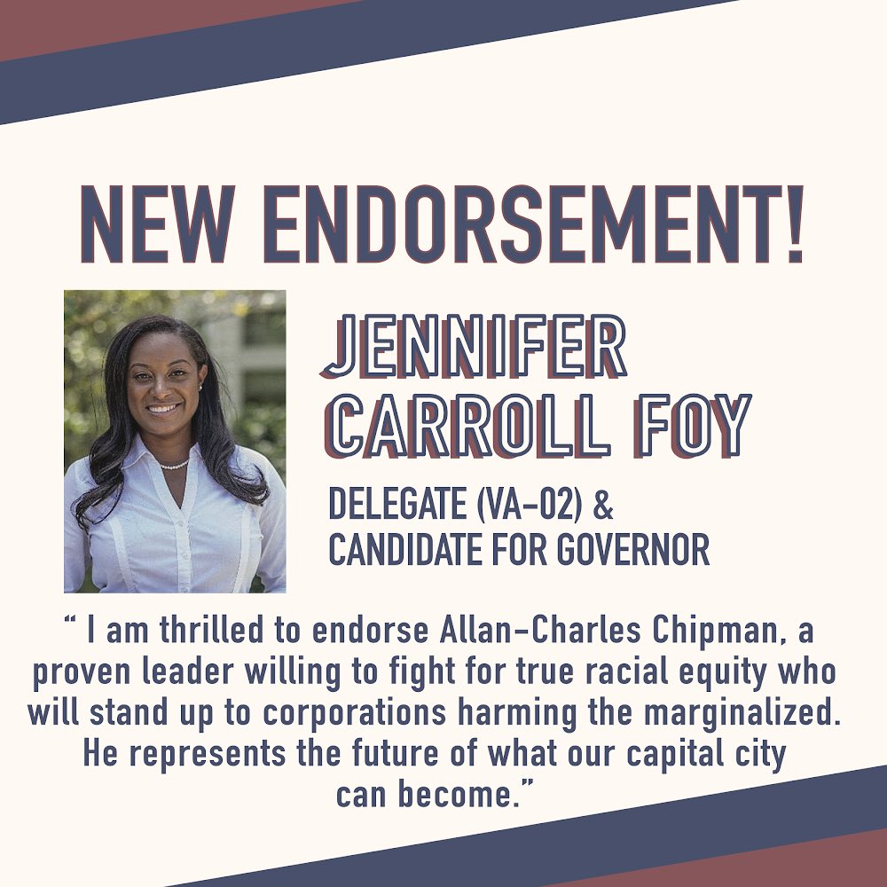 Chipman2020's tweet photo. We're so excited to announce that Delegate Jennifer Carroll Foy has endorsed our campaign! Del. @JCarrollFoy has fought tough fights in the House of Delegates and she knows we will bring that same energy, dedication &amp; sense of purpose to City Council! Read her full statement here https://t.co/gb7taVQqTk