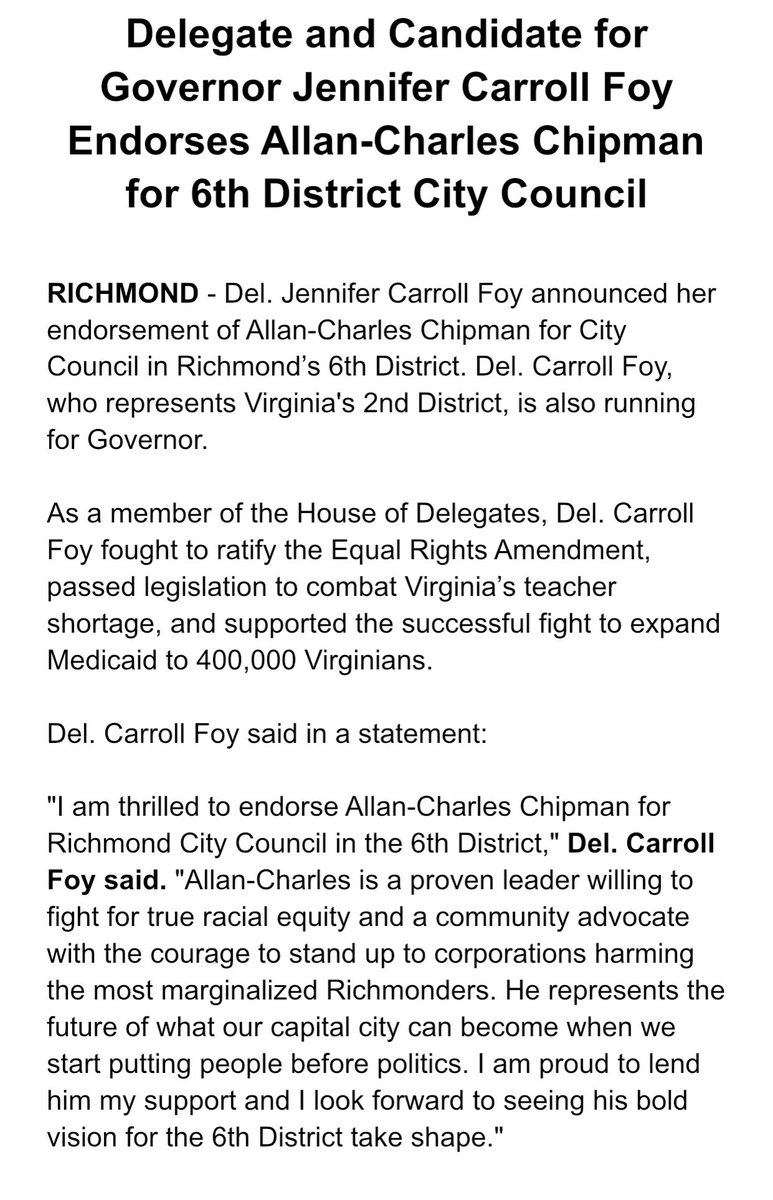 We're so excited to announce that Delegate Jennifer Carroll Foy has endorsed our campaign! Del. <a href="/JCarrollFoy/">Sen. Jennifer Carroll Foy</a> has fought tough fights in the House of Delegates and she knows we will bring that same energy, dedication &amp; sense of purpose to City Council! Read her full statement here