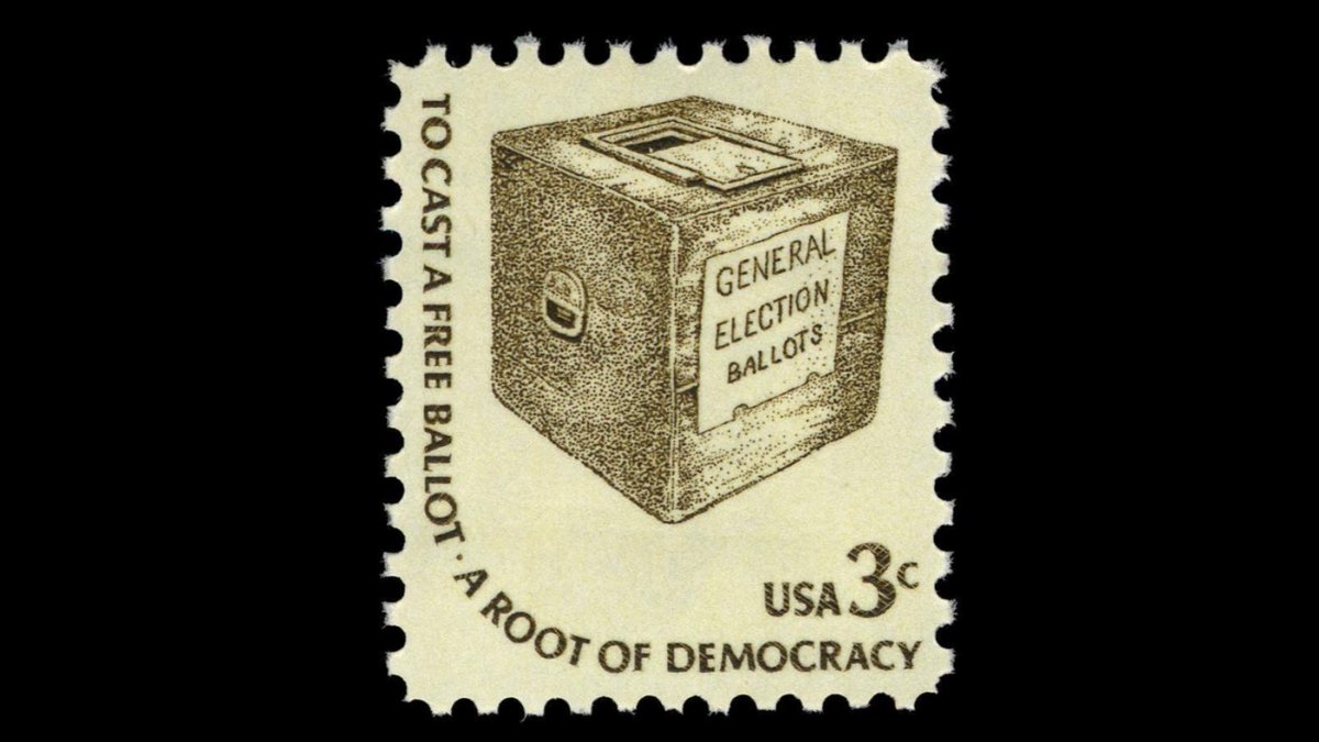 Featuring a ballot box, this 1977 stamp from our  @PostalMuseum's collection was one of four that highlighted the "roots" of democracy, including the ability to write, read, speak out, and cast a free ballot.  #VoteHistory