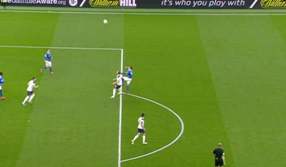 Starting with the penalty to Harry Kane, which was almost identical to the Fabinho-McBurnie incident. First, there's no doubt the foul takes place on the line of the area, which belongs to the box. These frames show Lallana's knee connect with Kane on the line and continue.
