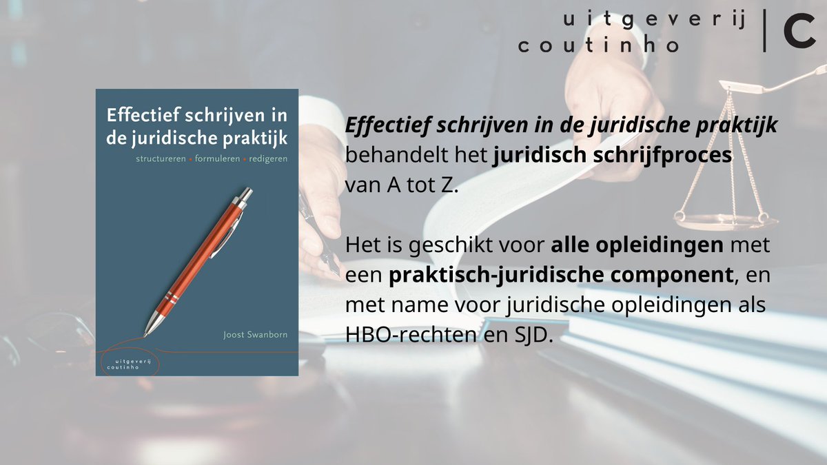 Effectief schrijven in de juridische praktijk is herzien door auteur <a href="/JoostSwanborn/">Joost Swanborn</a>. Nu met uitgebreidere theorie over samenvatten en nieuwe argumenteer-, structureer- en formuleeroefeningen. Vraag jouw docentexemplaar aan via bit.ly/2TNYvr7 #hborechten #hogeronderwijs