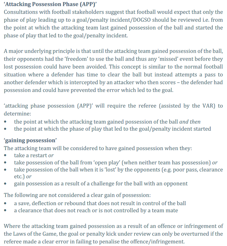 Using the VAR handbook on Attacking Phase, it's clear that Brighton, as the attacking team, "gained possession as a result of an offence or infringement of the Laws of the Game" and "the referee made a clear error in failing to penalise."