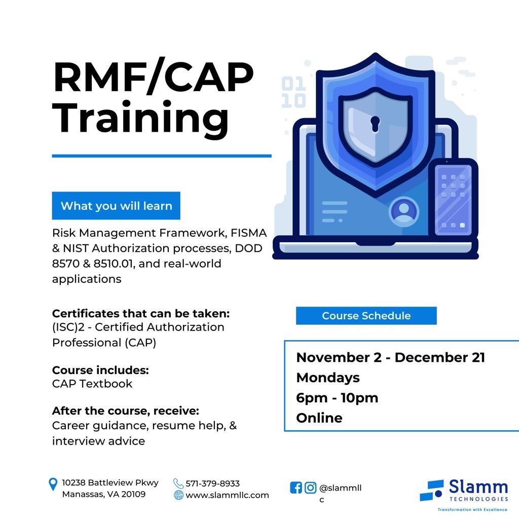 slammllc's tweet photo. For those interested in expanding their #cybersecurity knowledge, this course is for you! It is great for those already in the IT/Cybersecurity field and looking to expand their skills after work. The class is online on Mondays @ 6pm.
#onlinelearning #RMFtraining #CAPtraining https://t.co/OI4BVnrL1M