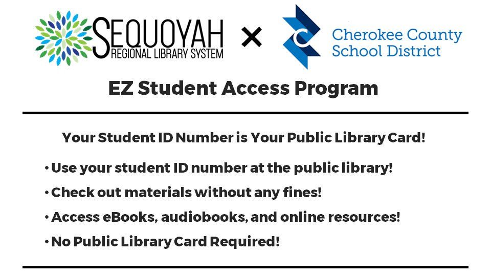 thelibraryanne's tweet photo. All @CherokeeSchools students can now use their student ID at the @SequoyahRegLib public library to access physical and digital materials!  https://t.co/J1r9P2s3S7 https://t.co/QsolBG45qm