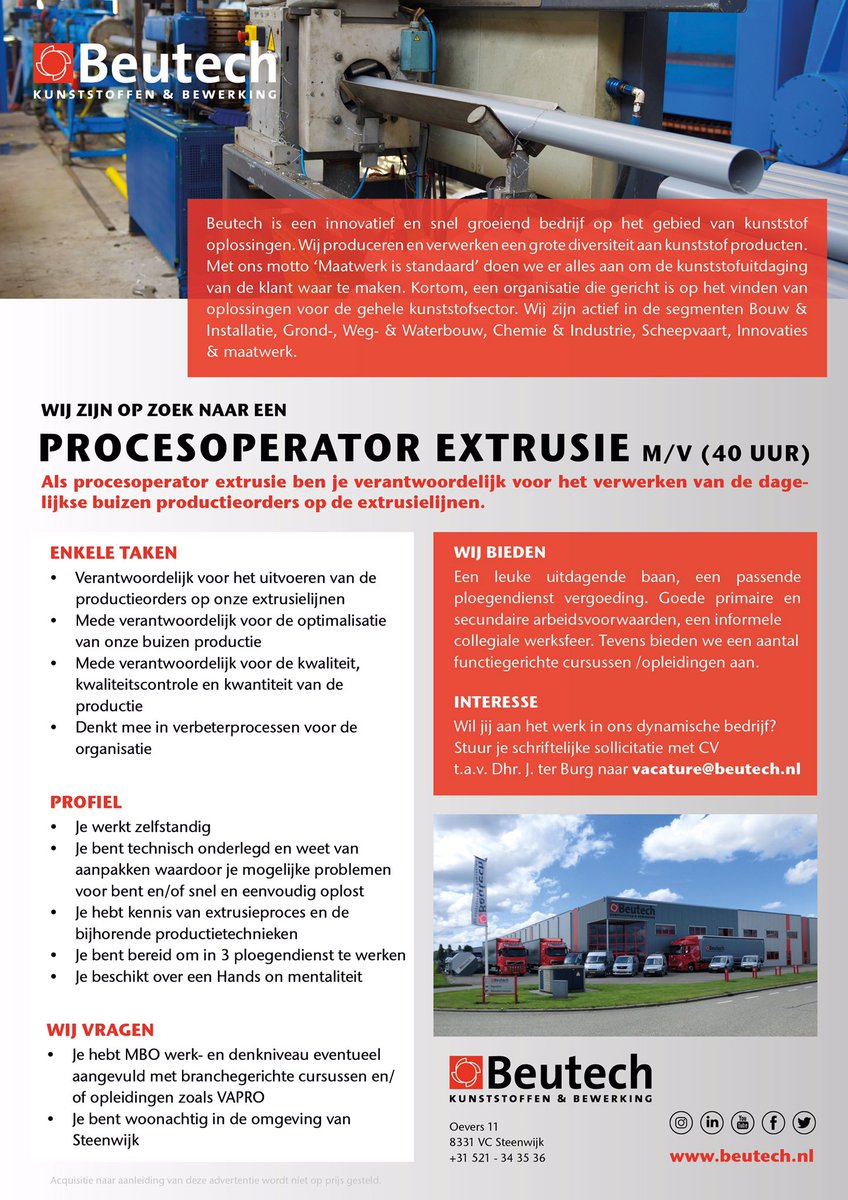Vacature alert !!!!! Opzoek naar een #operator extrusie 😃👍