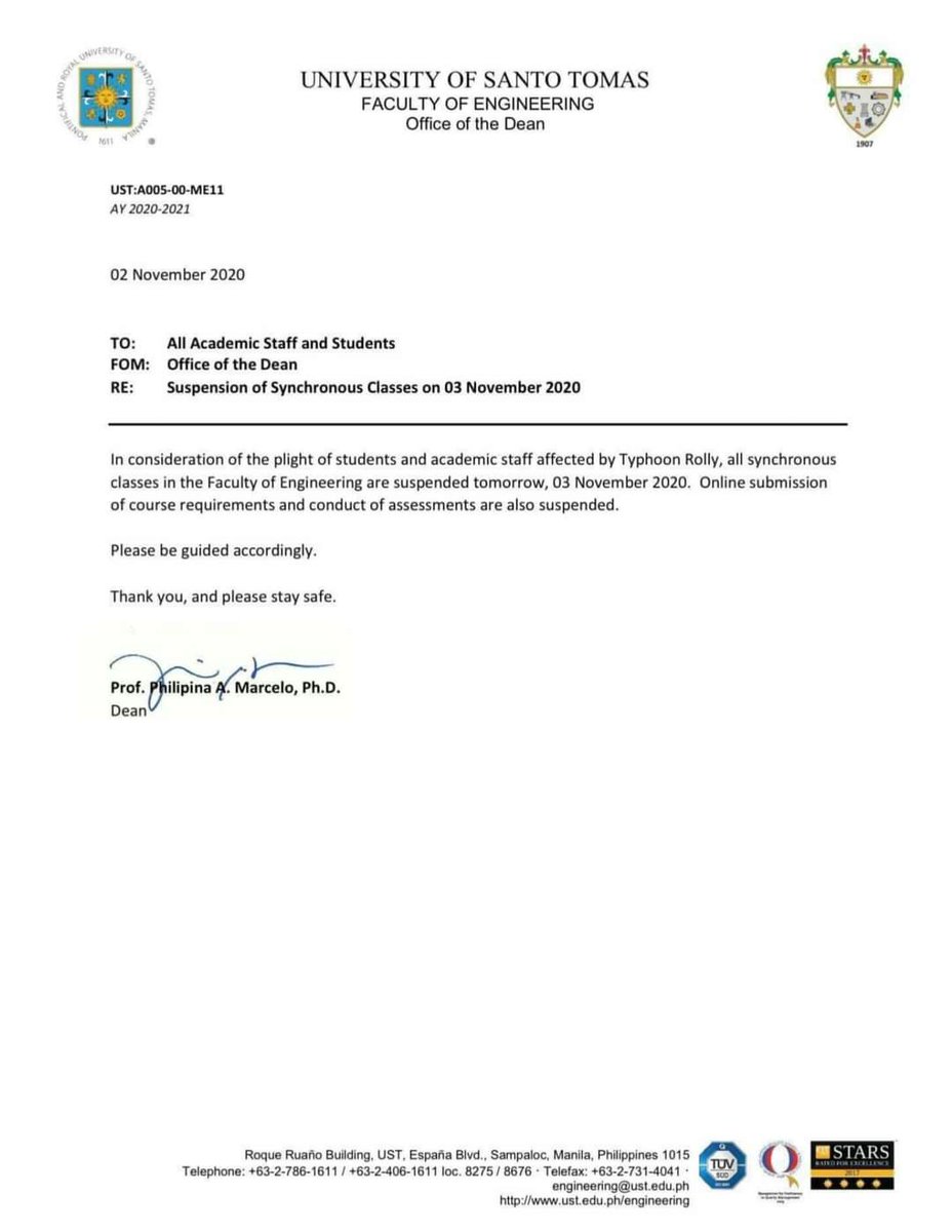 ThomasianEngr's tweet photo. JUST IN: Dean Marcelo suspends synchronous classes and online submissions for the Faculty of Engineering tomorrow, November 3, 2020. https://t.co/iyrlWwNhwt