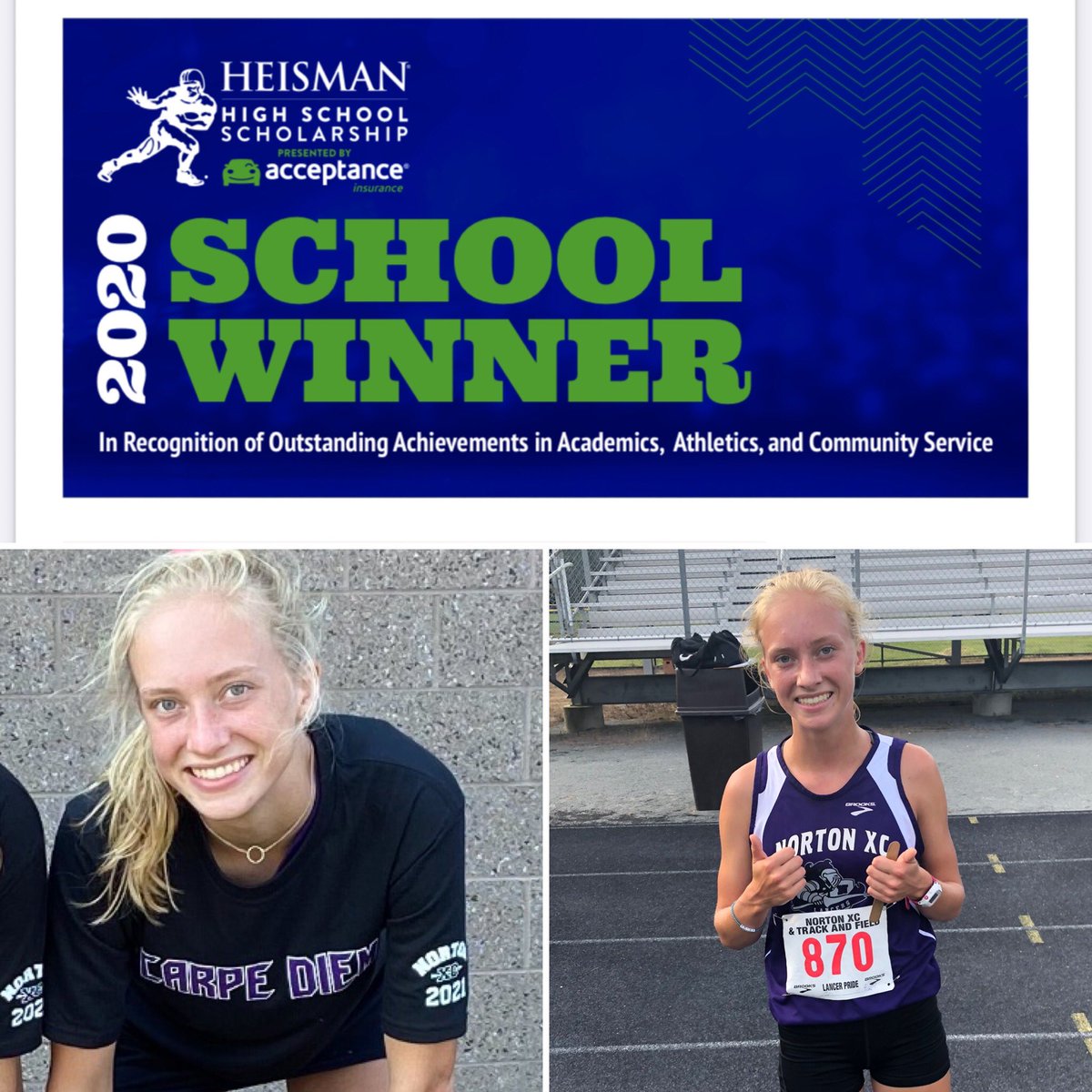 NHSCoachTaylor's tweet photo. Senior and 2019 D4 Cross Country State Champ and Ivy League Dartmouth bound Bella Pietrasiewicz has been chosen as a Norton Heisman School Winner and will now move on to the state level! Congrats @bellap_3 ππΌββοΈ #nhsxc #pietraSAVAGE @NHSLancersports @MrsPetro3 https://t.co/iJbmhdcqxR