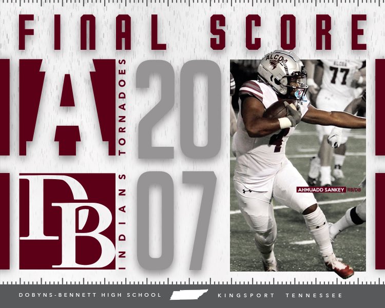 Alcoa silenced the Indians to finish 9-1 on the regular season. The Tornadoes will face Johnson Co in the 1st round of the Playoffs. 
:
Tornadoes 20
Dobyns-Bennett 7
:
Overall 9-1
Region 6-0
:
Alcoa 402
Opponents 43
PPG 2.9