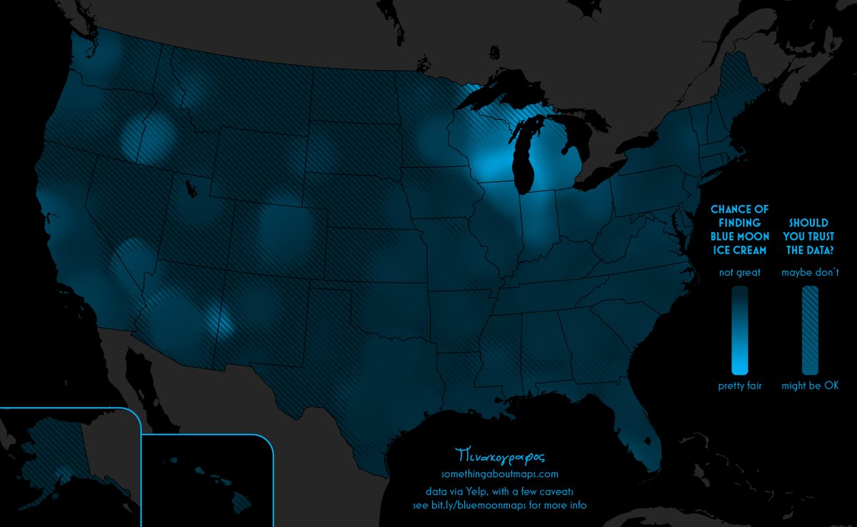 It's taken a good while, but I have finally mapped the distribution of the "blue moon"  ice cream flavor. Sort of. 

See larger maps, and read some caveats, on my blog: somethingaboutmaps.wordpress.com/2020/11/02/the…

Solving this mystery will let me rest easy at night.