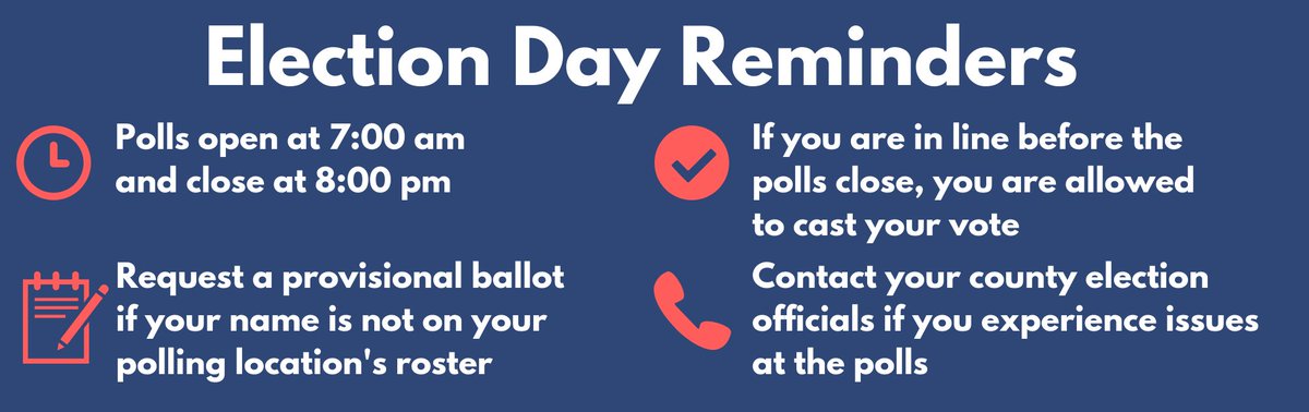 PaSenateDems's tweet photo. The polls are now open!

Here's some quick reminders about today's election:

⏰ Polls open until 8pm
📋 Request a provisional ballot if name is not on roster
🗳️ If you are in line before polls close, you can cast vote  
📱 Contact county election officials if you have issues https://t.co/N9x6qVtg1A