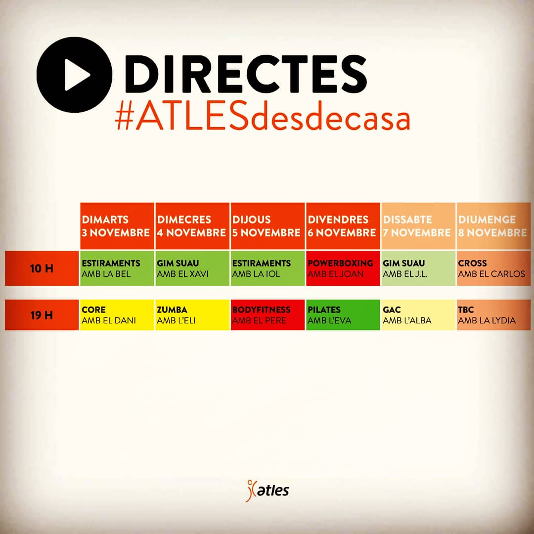 A partir de demà, us acompanyarem amb 2 classes en directe cada dia! Les podreu seguir via la nostra app

➡️Classes en directe #ATLESdesdecasa
⏰A les 10 i a les 19 h
📲A través de la nostra app, exclusiu per a persones abonades
Seguim al vostre costat! bit.ly/2HYJ5hd