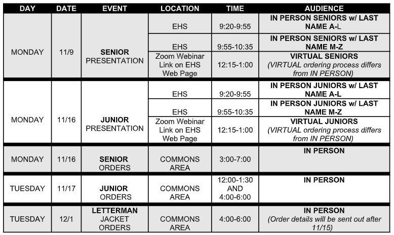 Attention EHS SENIORS and JUNIORS...
Please see the upcoming Jostens presentations for IN PERSON and VIRTUAL learners.  
#EastsideGraduatesEXCELLENCE