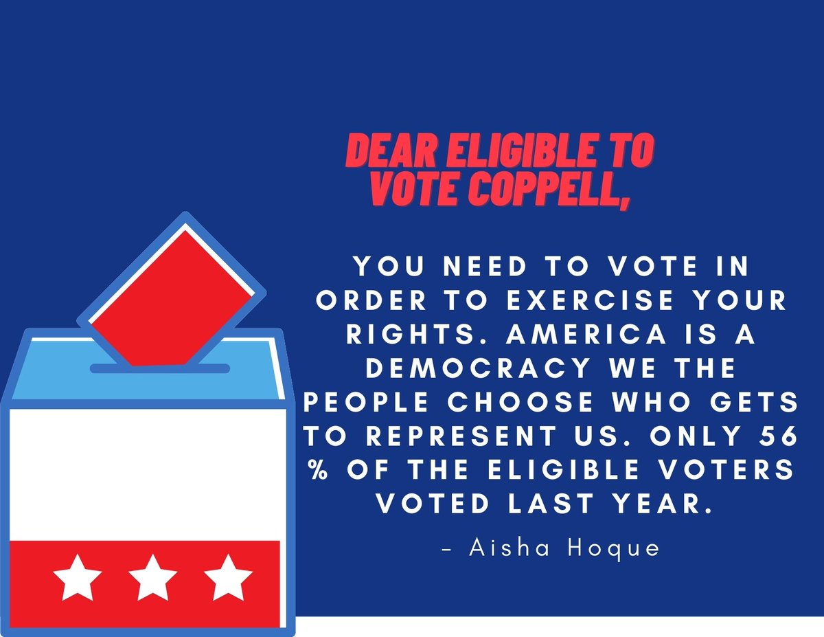 AISHAH1_NTHC's tweet photo. If you can, go and vote! It is your responsibility to exercise your rights! @DigitalZruiz @Bence_EDU #IfICouldVote #VoteByDesign #KQEDLearn @NewTechCoppell https://t.co/aYshWfgVTk