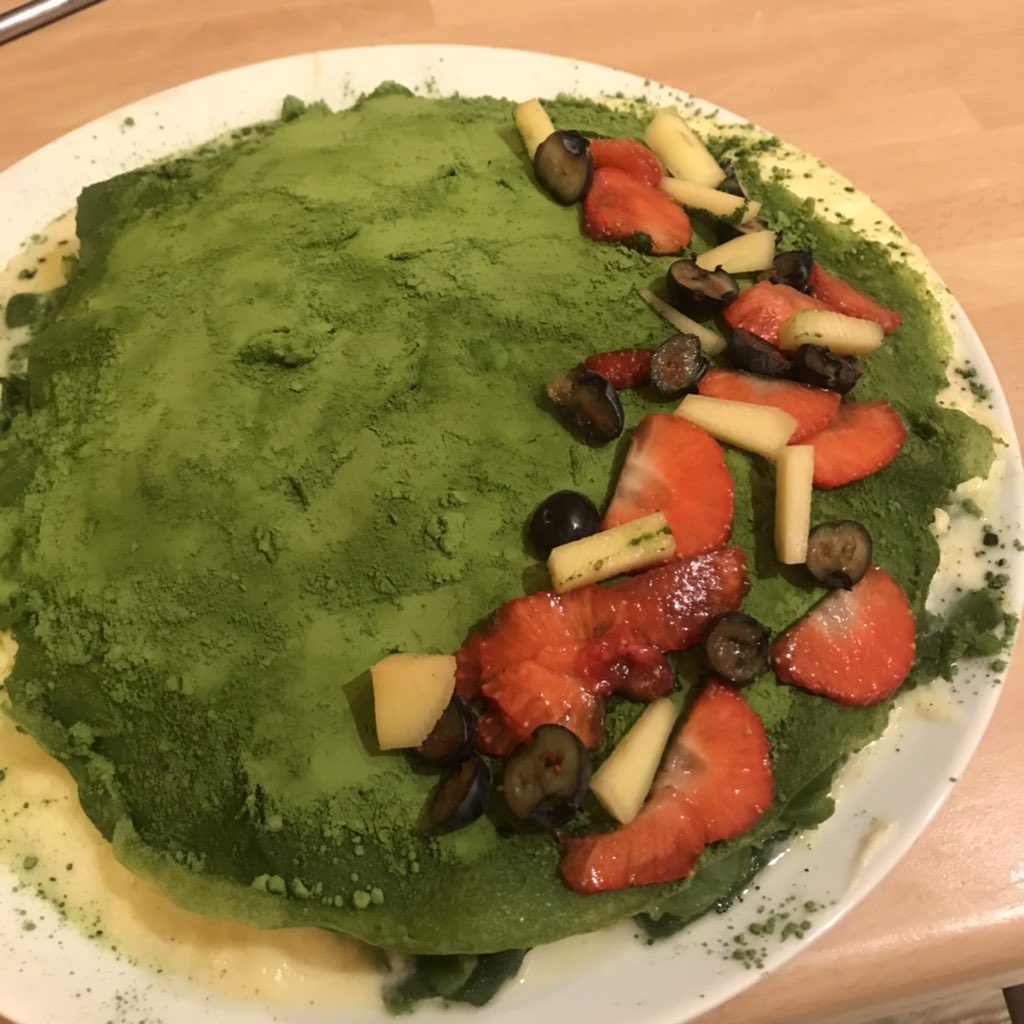 _katieemerson's tweet photo. Matcha crepe cake for #JapaneseWeek! Took me ages to find matcha in the supermarket and ended up having to go to the Japan Centre. Not sure if it’s a flavour I’m particularly keen on... will still eat it though because of the white chocolate ganache 🥞 #GBBO @BritishBakeOff https://t.co/jaWR0C0vo6