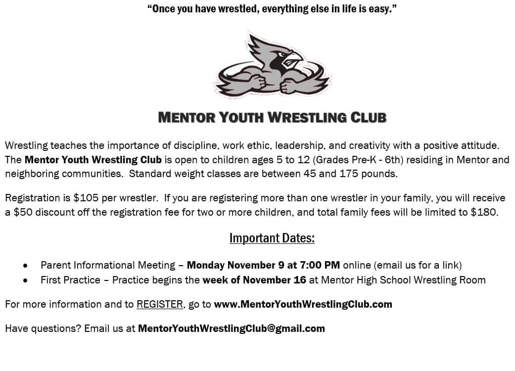 Registration for the 2020-2021 MYWC season is now OPEN at MentorYouthWrestlingClub.com