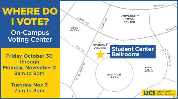 UCIrvine's tweet photo. A reminder that there’s a Vote Center in the UCI Student Center for those who live on or near campus. You can cast your ballot in person or drop off your completed ballot. Open to all voters registered in Orange County. Let your voice be heard: Vote!
🙌🏽🇺🇸💙💛🗳 #Election2020 https://t.co/VLQD1AMfmY