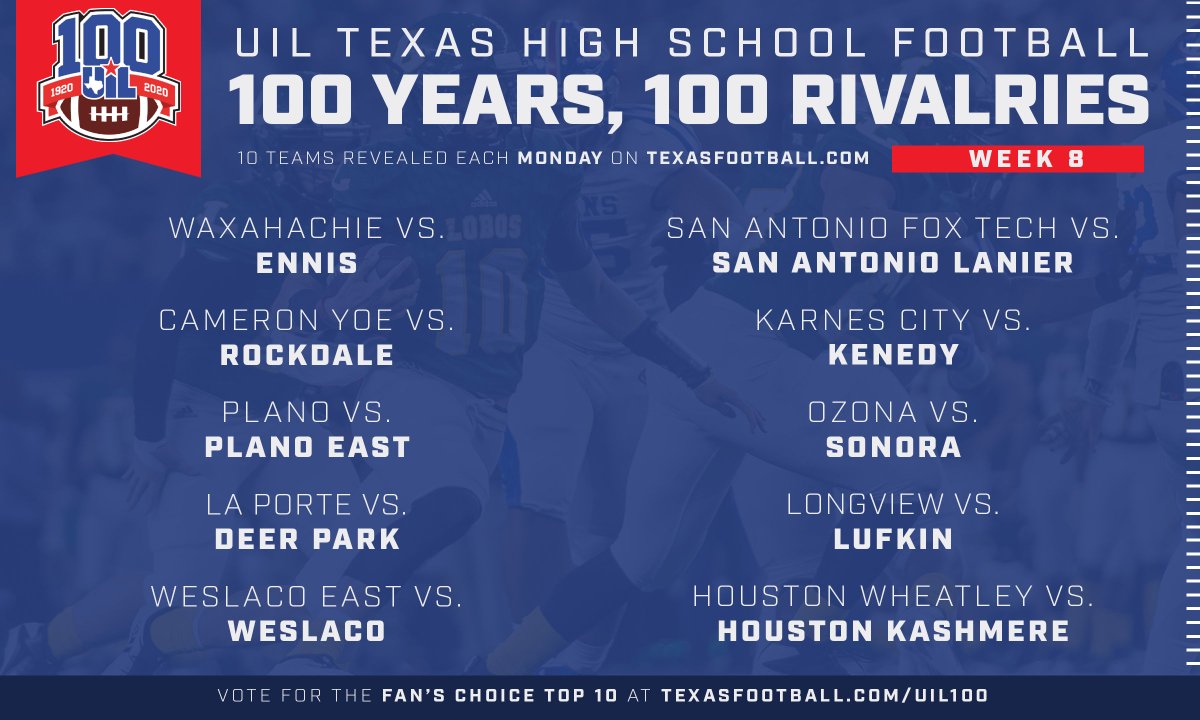 1) #VOTE: The first 10 members of the #UIL100 Years, 100 Rivalries list!

<a href="/NDNFootball/">Waxahachie Football</a> vs <a href="/EnnisFootball/">EnnisFootball</a>
<a href="/yoefootball/">Yoe Football</a> vs <a href="/RockdaleFBall/">TIGER FOOTBALL</a>
<a href="/PlanoFootball/">Plano Football</a> vs <a href="/PESHsports/">Plano East Sports</a>
@lp_bulldog vs @DPFOOTBALLINFO
@WEHSWildcats vs <a href="/whsnews78596/">WHS_News</a>

texasfootball.com/uil100/
