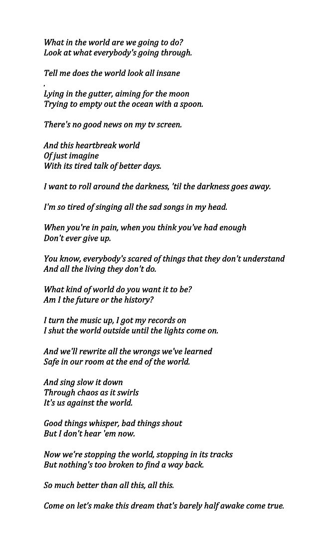 LoriD_NC's tweet photo. The next few days will be best spent with headphones on trying to drown out all the noise, the static. But I truly believe that better times will happen! Here’s a compilation of lyrics from @mattnathanson @ofarevolution @coldplay that seem relevant to the world today. https://t.co/DscbZTZJ4k