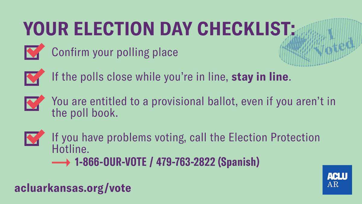 ArkansasACLU's tweet photo. ⏰Voting on #ElectionDay? Make your plan, know your rights, and save our Election Day checklist.
Confirm your polling place: https://t.co/vDkDwHi4PQ #GoVoteAR #arnews https://t.co/zgfKIg6Oj1