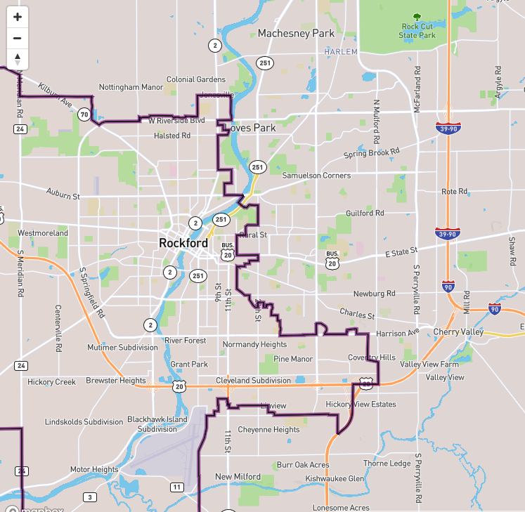 This is how the line is gerrymandered through  @CityofRockford. It loops through on Riverside, then crosses the river at Auburn Street, and zig zags its way through the east side of the city.The left/SW side of the map is  #IL17, everywhere else is  #IL16.  @13WREX