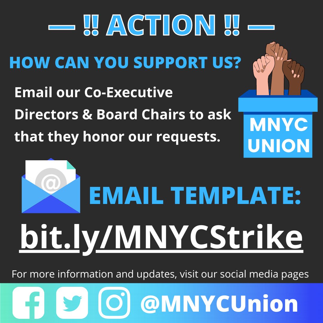 MNYCWorkers's tweet photo. ‼️ACTION REQUIRED‼️

Support us by emailing our Co-Executive Directors and Board Chairs! Ask that they honor our requests. 📧

Email Template link: (https://t.co/CFCQVDUgC7) https://t.co/LDMgu7oxfB