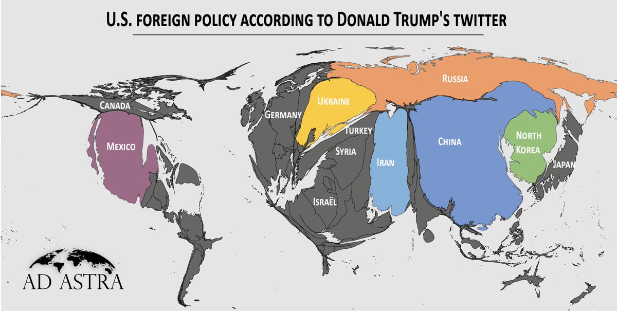 AdAstraConseil's tweet photo. During his presidential term, @realDonaldTrump tweeted a lot about foreign countries. Here is the size of countries according to the number of his tweet. https://t.co/vkh2qtUron