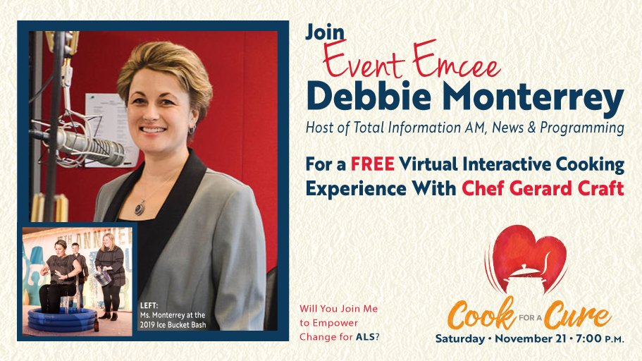ALS_STLRegion's tweet photo. Did you hear? @kmoxnews anchor @DebbieMonterrey is the Event Emcee for #CookForACure! Join Debbie for this FREE virtual interactive cooking experience with Chef @GerardFCraft &amp; learn how you can support people with #ALS in our community: https://t.co/TOB8w0vLMZ. https://t.co/AkIQqYyKUM