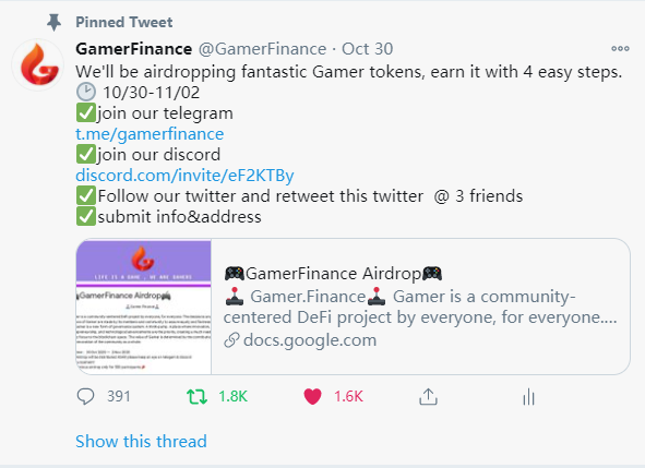 GamerFinance's tweet photo. Gamer air drop activity has successfully ended！ 
Our team will check to make sure all the tokens be distributed to real Gamers! 🚀🚀🚀🚀 
In the next few days, we will distributed the airdrop in serval consecutive days!
Wait for your Gamer! https://t.co/Q9flvWS7kH