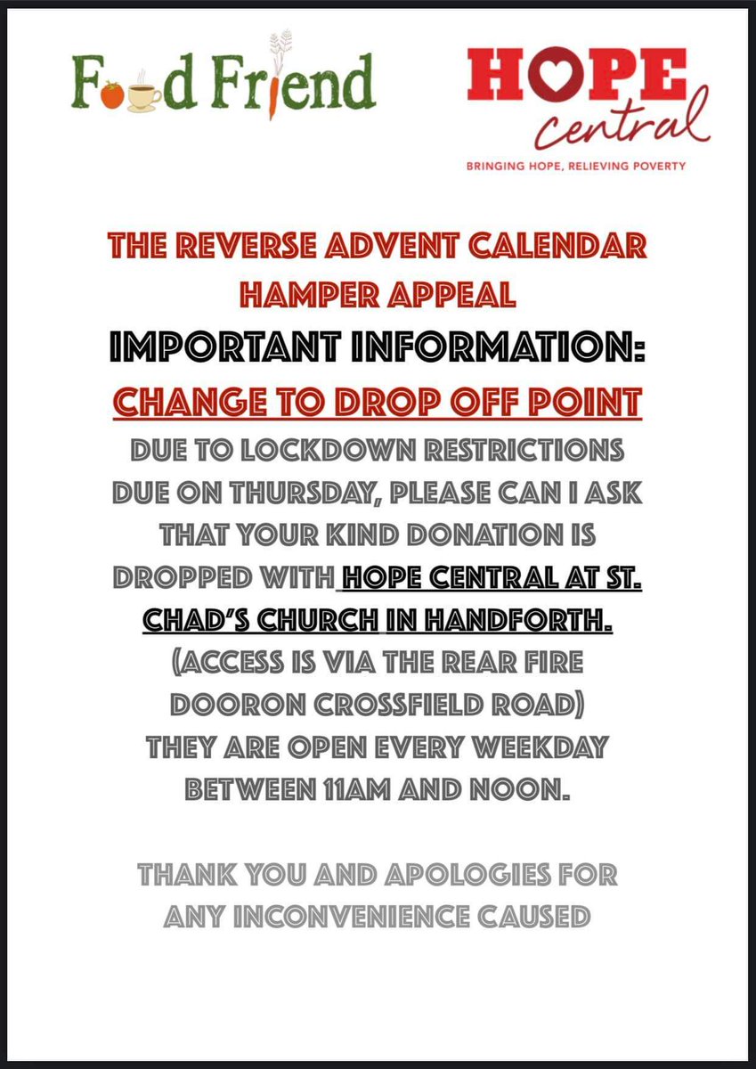 WilmslowHub's tweet photo. Please note that ALL hampers are now to be dropped off at Hope Central in Handforth. Thank you https://t.co/iT3sQn8rRY