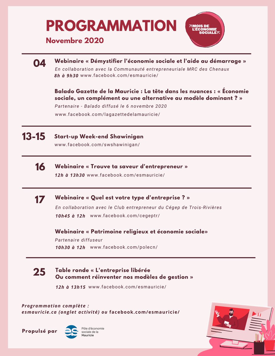 Le Mois de l'économie sociale 2020 c'est parti !!
Consultez la programmation régionale en Mauricie.
 #Économiesociale #MOISESS20 #Économielocale #Mauricie