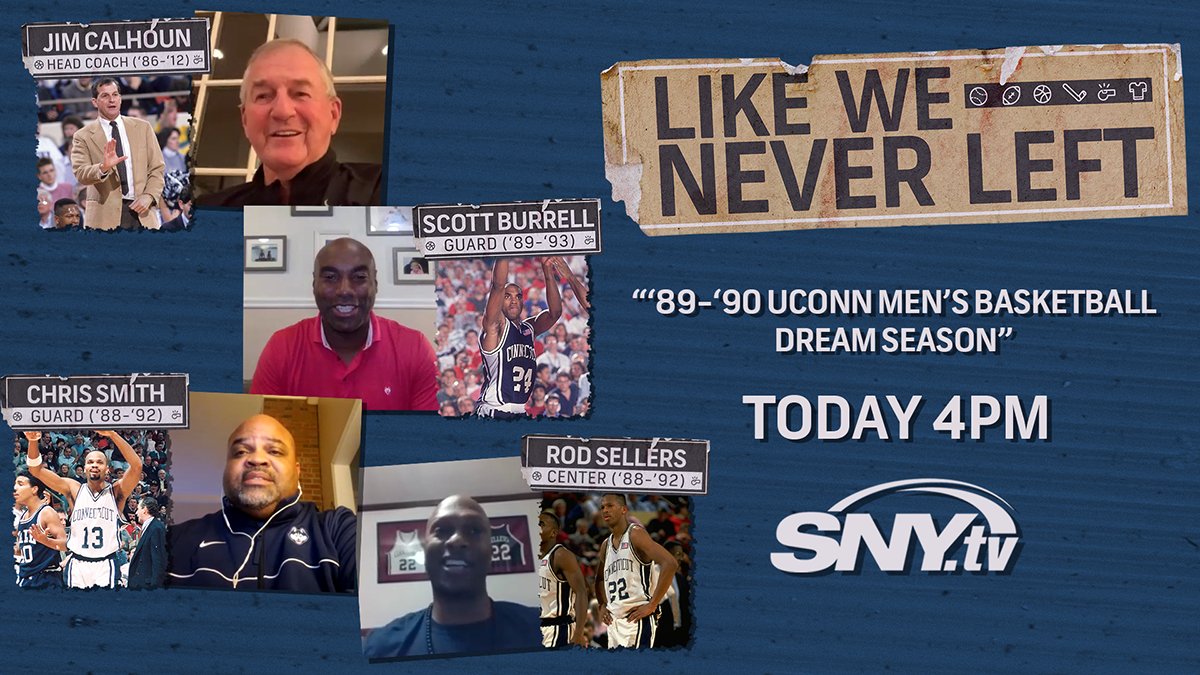 SNYtv's tweet photo. Today: @JeaneCoakley gets the @UConnMBB band back together!

Jim Calhoun, @sburrell24, @dmarsh42, @huskiesalltime1, @rsell22, and Donny Marshall talk about the impact of the 1989-90 "Dream Season" Big East Champion Huskies.

⏰: 4 p.m. https://t.co/mc1W9BDx2R