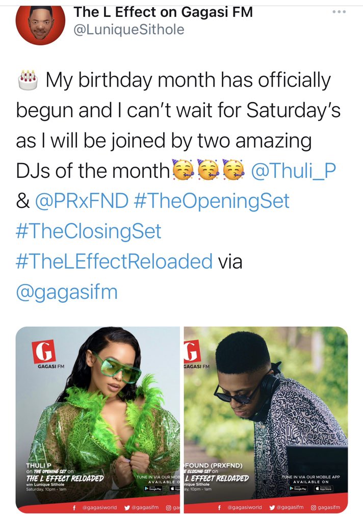 PRxFND's tweet photo. Proud to announce my residency for November w/ @gagasifm !!!🙏🏼 Catch me on #TheLEffectReloaded w/ my bruddah @LuniqueSithole every SATURDAY from 10PM - 1AM ❤️ 🚀💽 I'll be opening each set with EXCLUSIVES from my fighters in the game, do TUNE IN!!!!🔥 #SuperstarProducer 🔌 https://t.co/WY1GypCtH5