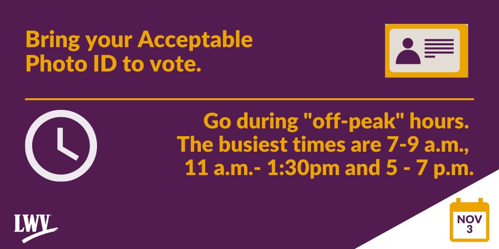 Visit  http://bringit.wi.gov&nbsp; to find out what photo ID to bring to the polls, and consider voting in "off-peak" hours, if possible. 3/6