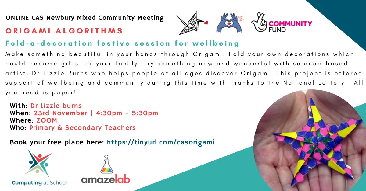 PeterMarshman's tweet photo. With special thanks to @Amaze_Lab you can relax and create some fantastic decorations with some algorithmic thinking and some paper.
Nov 23rd at 4:30pm
Book your free place:
https://t.co/yj2VdLTgGE
#computing #origami #wellbeing #algortihms https://t.co/yUqLjMKbCY