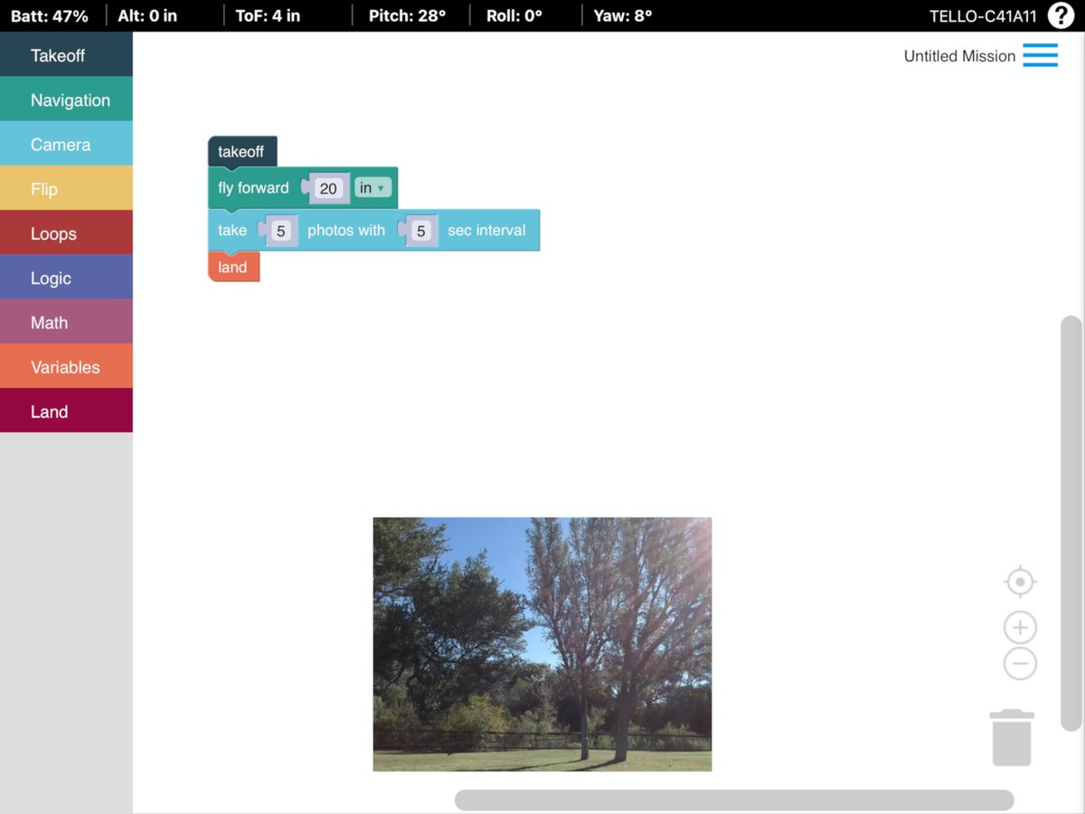 DroneBlocks's tweet photo. You asked for it and we delivered! @DroneBlocks can now access the Tello's camera on iOS. Update your @DroneBlocks app today and try the all NEW camera blocks!! 😃

https://t.co/PweNaZTuxw https://t.co/ZmAGIc9B73