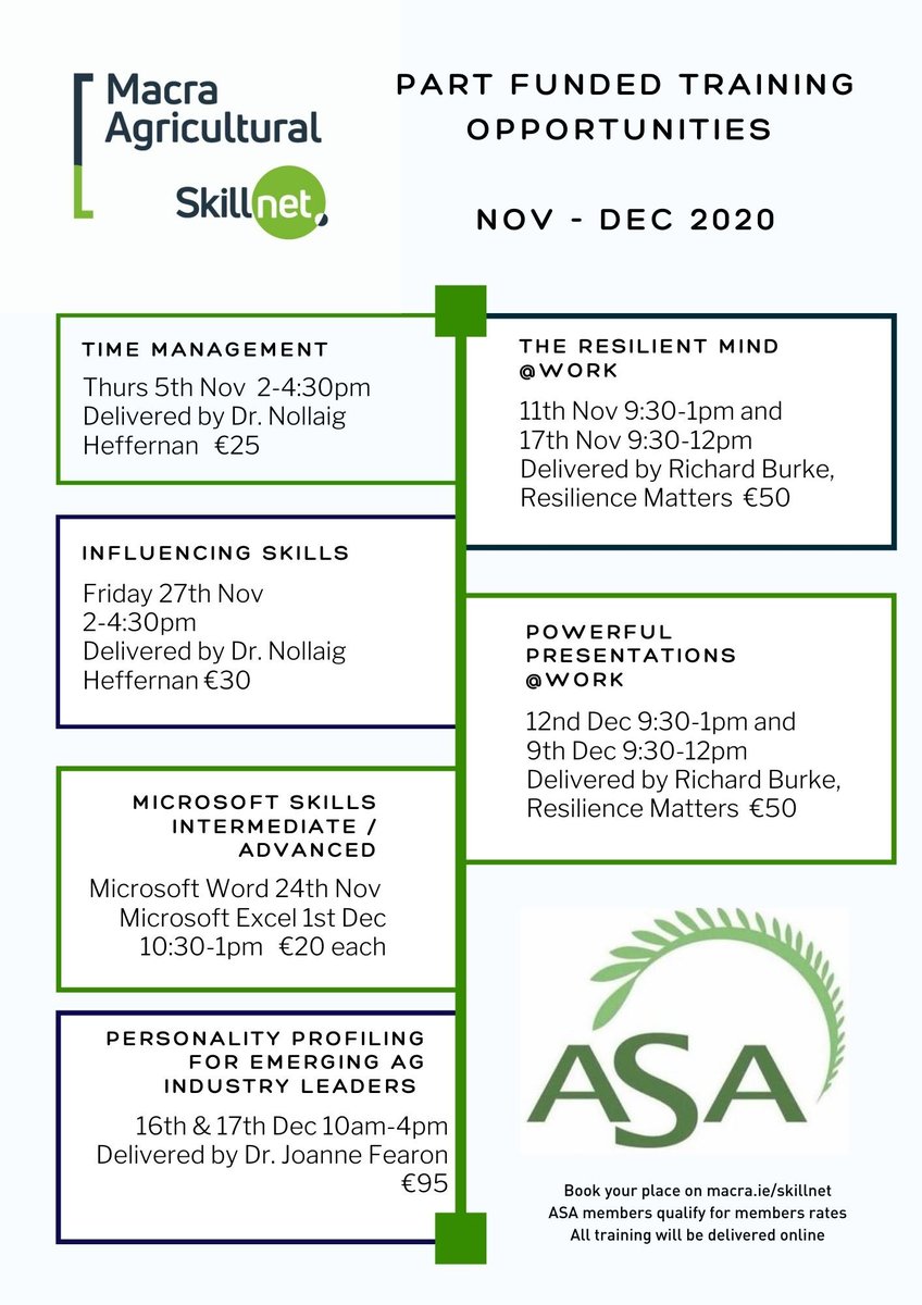 Some great training opportunities for ASA members with <a href="/MacraSkillnet/">MacraSkillnet</a> Quote your unique membership number when booking.(contact the ASA office if you don't have a number) First course is this Thursday-Time Management with Dr Nollaig Hefernan Book here - macra.ie/macra-skillnet